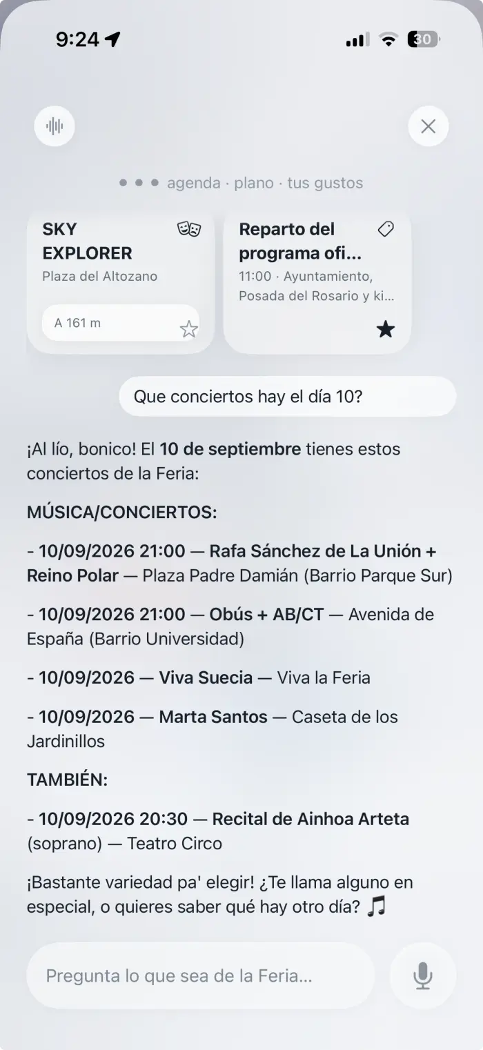 Conversación dentro de la app. Alguien escribe «¿Qué conciertos hay el día 10?» y ianos responde con la lista del 10 de septiembre: Rafa Sánchez de La Unión, Obús, Viva Suecia, Marta Santos y el recital de Ainhoa Arteta, cada uno con su hora y su sitio.