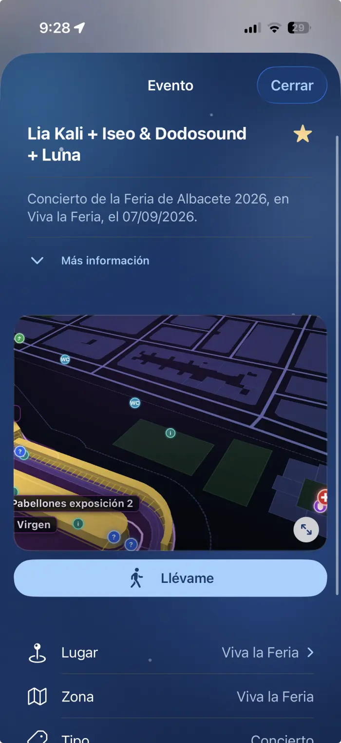 Ficha de un concierto de la Feria en Viva la Feria, con un trozo del plano del recinto debajo y un botón grande que pone «Llévame».
