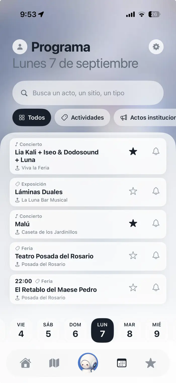 Pantalla del programa del lunes 7 de septiembre, con un buscador arriba, filtros por tipo de acto, la lista de actos del día y una fila de días abajo para cambiar de jornada. Dos actos están marcados con una estrella.